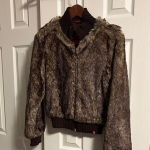 Esprit Faux Fur Bomber Jacket in Rich Brown